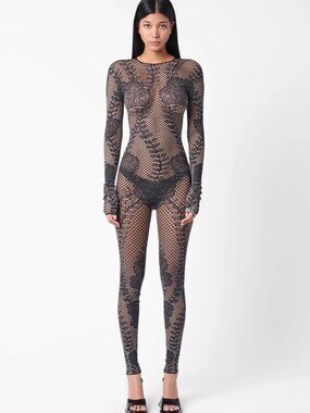 NEW Poster Girl Hen Jumpsuit Black Mesh Lace Long Sleeve Catsuit Cat Body Suit